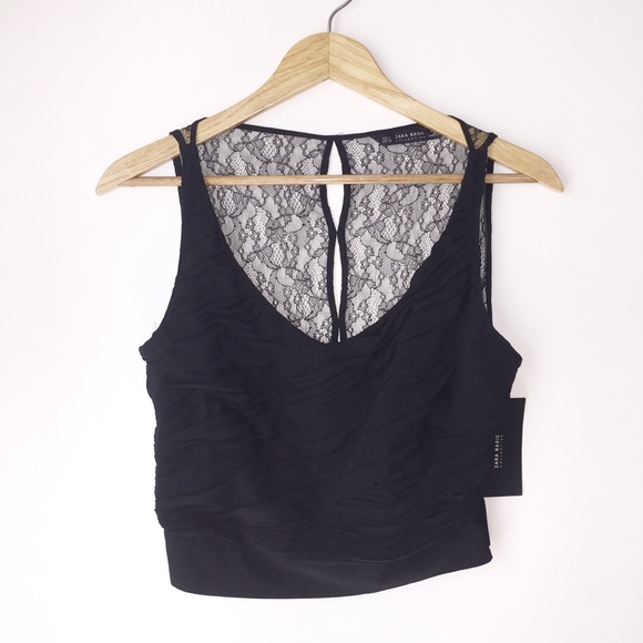 NWT Zara Black Ruched Lace Back Top Size Large - Picture 2 of 4